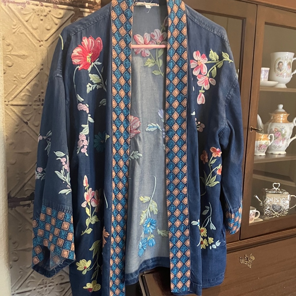 Embroidered Navy Denim Kimono Jacket with Floral Motif